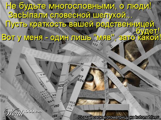 Вот у меня - один лишь "мяв", зато какой! Не будьте многословными, о люди! ЗасЫпали словесной шелухо... Котоматрица: Вот у меня - один лишь "мяв", зато какой! Не будьте многословными, о люди! ЗасЫпали словесной шелухой... Пусть краткость вашей родственницей