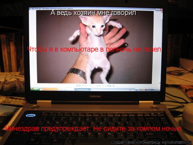 Котоматрица: А ведь хозяин мне говорил Чтобы я в компьютаре в полночь не лазел Минездрав предупреждает: Не сидите за компом ночью