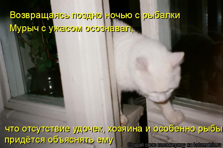 Возвращаясь поздно ночью с рыбалки Мурыч с ужасом осознавал, что отсутствие удочек, хозяина и особенн... Котоматрица: Возвращаясь поздно ночью с рыбалки Мурыч с ужасом осознавал, что отсутствие удочек, хозяина и особенно рыбы придётся объяснять ему