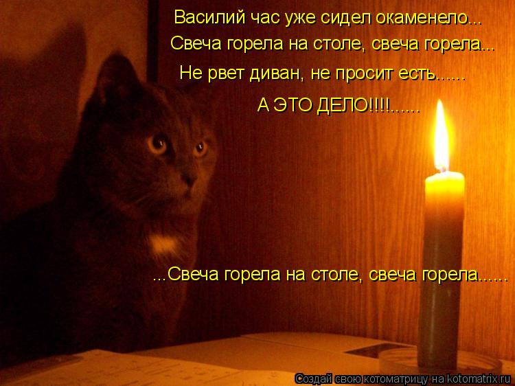 Котоматрица: Не рвет диван, не просит есть...... Василий час уже сидел окаменело... ...Свеча горела на столе, свеча горела...... Свеча горела на столе, свеча горе