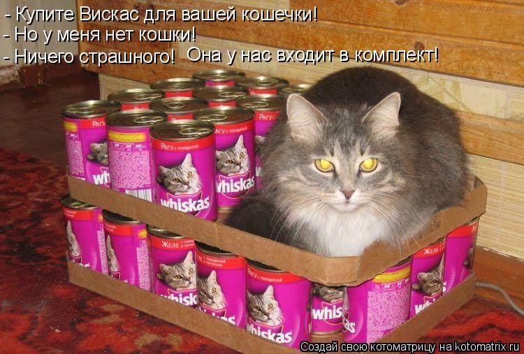 - Купите Вискас для вашей кошечки! - Но у меня нет кошки! - Ничего страшного! Она у нас входит в ком... Котоматрица: - Купите Вискас для вашей кошечки! - Но у меня нет кошки! - Ничего страшного! Она у нас входит в комплект!