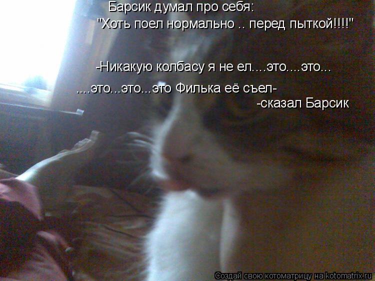 "Хоть поел нормально .. перед пыткой!!!!" -Никакую колбасу я не ел....это....это... ....это...это...э... Котоматрица: "Хоть поел нормально .. перед пыткой!!!!" -Никакую колбасу я не ел....это....это... ....это...это...это Филька её съел- Барсик думал про себя: -сказал