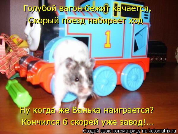 Котоматрица: Голубой вагон бежит качается,  Скорый поезд набирает ход Ну когда же Ванька наиграется?  Кончился б скорей уже завод!...