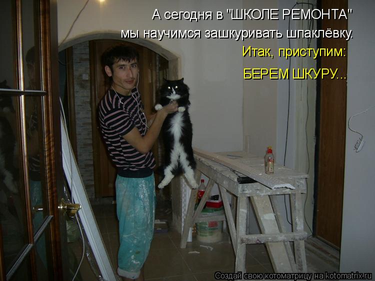 Котоматрица: А сегодня в "ШКОЛЕ РЕМОНТА"  мы научимся зашкуривать шпаклёвку.  Итак, приступим:  БЕРЕМ ШКУРУ...