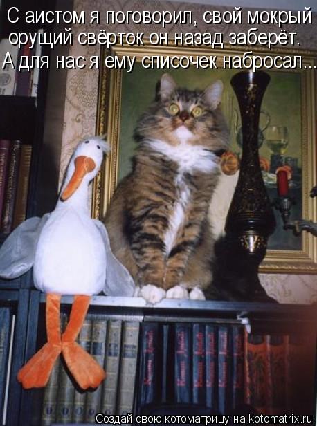 Котоматрица: С аистом я поговорил, свой мокрый орущий свёрток он назад заберёт. А для нас я ему списочек набросал...