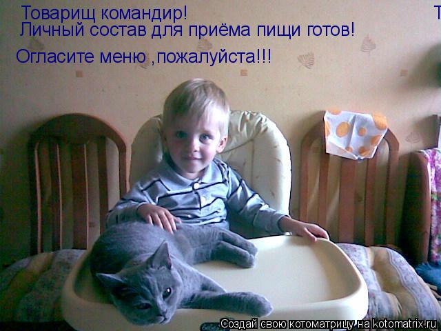 Котоматрица: Товарищ командир! Товарищ командир! Личный состав для приёма пищи готов! Огласите меню ,пожалуйста!!!
