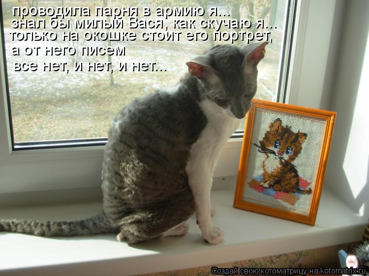 знал бы милый Вася, как скучаю я... проводила парня в армию я... только на окошке стоит его портрет... Котоматрица: знал бы милый Вася, как скучаю я... проводила парня в армию я... только на окошке стоит его портрет, а от него писем все нет, и нет, и нет...