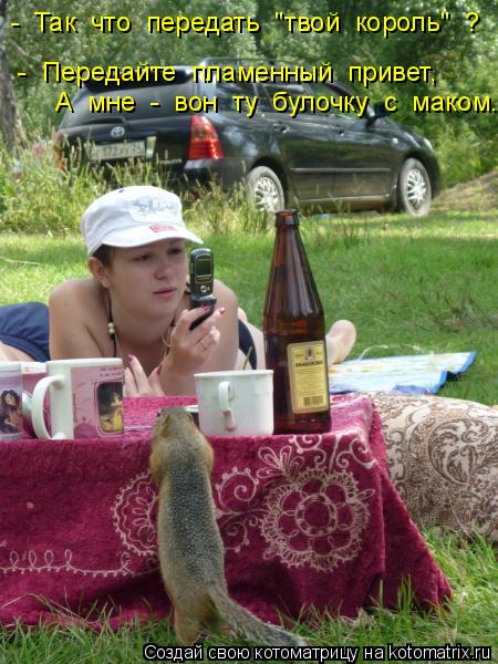 - Так что передать "твой король" ? - Передайте пламенный привет, А мне - вон ту було... Котоматрица: - Так что передать "твой король" ? - Передайте пламенный привет, А мне - вон ту булочку с маком...