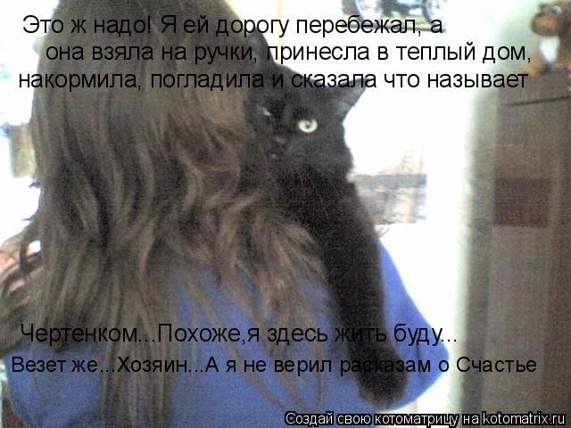 Котоматрица: Это ж надо! Я ей дорогу перебежал, а  она взяла на ручки, принесла в теплый дом, накормила, погладила и сказала что называет Чертенком...Похоже