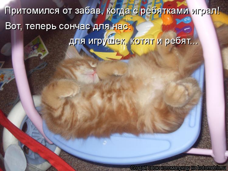 Котоматрица: Притомился от забав, когда с ребятками играл! Вот, теперь сончас для нас: для игрушек, котят и ребят...