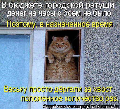 Котоматрица: В бюджете городской ратуши  Ваську просто дёргали за хвост Поэтому, в назначенное время  положенное количество раз. денег на часы с боем не 