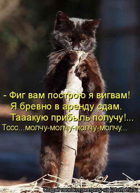- Фиг вам построю я вигвам! Я бревно в аренду сдам. Тааакую прибыль получу!... Тссс...молчу-молчу-мол... Котоматрица: - Фиг вам построю я вигвам! Я бревно в аренду сдам. Тааакую прибыль получу!... Тссс...молчу-молчу-молчу-молчу...