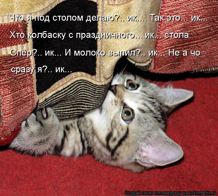 Котоматрица: Что я под столом делаю?.. ик.... Так это... ик... Хто колбаску с праздничного... ик... стола Спёр?.. ик... И молоко выпил?.. ик... Не а чо сразу я?.. 