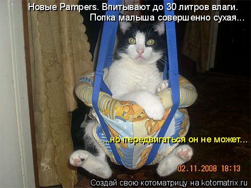 Котоматрица: Новые Pampers. Впитывают до 30 литров влаги. Попка малыша совершенно сухая... ...но передвигаться он не может...