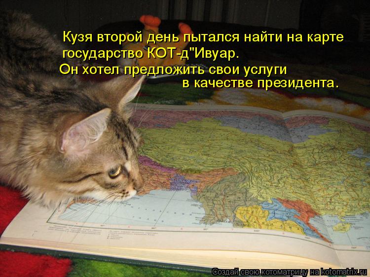 Кузя второй день пытался найти на карте государство КОТ-д"Ивуар. Он хотел предложить свои услуги в ка... Котоматрица: Кузя второй день пытался найти на карте государство КОТ-д"Ивуар. Он хотел предложить свои услуги в качестве президента.