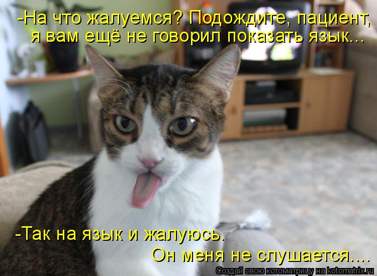 -На что жалуемся? Подождите, пациент, я вам ещё не говорил показать язык... -Так на язык и жалуюсь. О... Котоматрица: -На что жалуемся? Подождите, пациент, я вам ещё не говорил показать язык... -Так на язык и жалуюсь. Он меня не слушается....