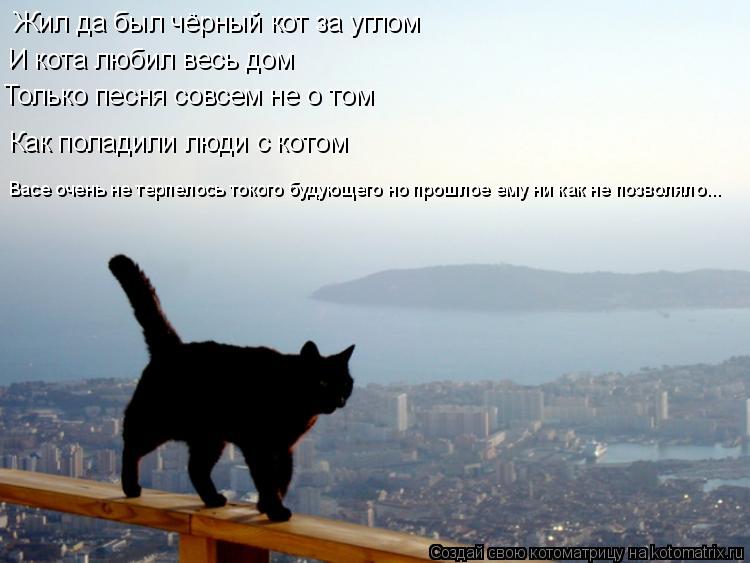 Котоматрица: Жил да был чёрный кот за углом И кота любил весь дом Только песня совсем не о том Как поладили люди с котом Васе очень не терпелось токого бу