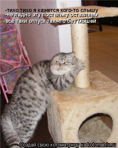 Котоматрица: -тихо тихо я кажется кого-то слышу -не ладно эту постельку оставляем  -всё таки отпуск так что без мышей