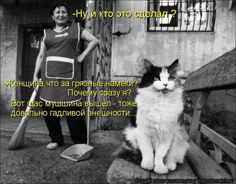 -Ну и кто это сделал ? -Женщина,что за грязные намёки? Почему сразу я? Вот щас мушшина вышел - тоже ... Котоматрица: -Ну и кто это сделал ? -Женщина,что за грязные намёки? Почему сразу я? Вот щас мушшина вышел - тоже довольно гадливой внешности...