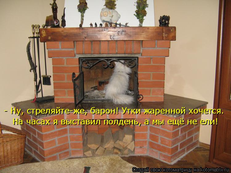 - Ну, стреляйте-же, барон! Утки жаренной хочется. На часах я выставил полдень, а мы ещё не ели!... Котоматрица: - Ну, стреляйте-же, барон! Утки жаренной хочется. На часах я выставил полдень, а мы ещё не ели!