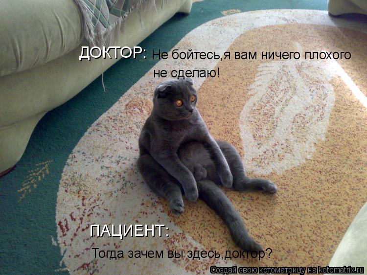 Котоматрица: ДОКТОР: Не бойтесь,я вам ничего плохого не сделаю! ПАЦИЕНТ: Тогда зачем вы здесь,доктор?