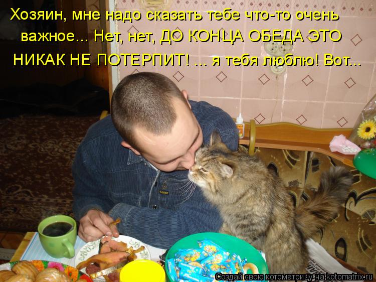Хозяин, мне надо сказать тебе что-то очень важное... Нет, нет, ДО КОНЦА ОБЕДА ЭТО НИКАК НЕ ПОТЕРПИТ! ... Котоматрица: Хозяин, мне надо сказать тебе что-то очень важное... Нет, нет, ДО КОНЦА ОБЕДА ЭТО НИКАК НЕ ПОТЕРПИТ! ... я тебя люблю! Вот...