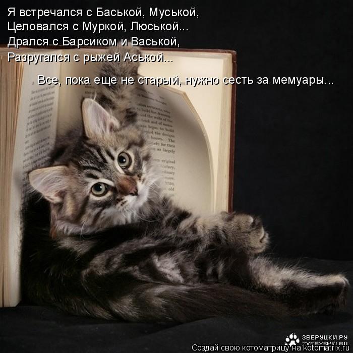 Я встречался с Баськой, Муськой, Целовался с Муркой, Люськой... Дрался с Барсиком и Васькой, Разругал... Котоматрица: Я встречался с Баськой, Муськой, Целовался с Муркой, Люськой... Дрался с Барсиком и Васькой, Разругался с рыжей Аськой... Все, пока еще не стары