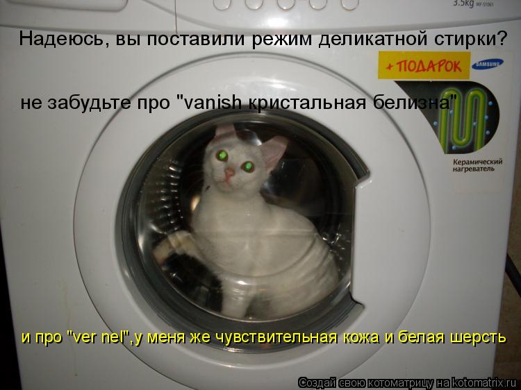 Надеюсь, вы поставили режим деликатной стирки? не забудьте про "vanish кристальная белизна" и про "ve... Котоматрица: Надеюсь, вы поставили режим деликатной стирки? не забудьте про "vanish кристальная белизна" и про "ver nel",у меня же чувствительная кожа и белая ше