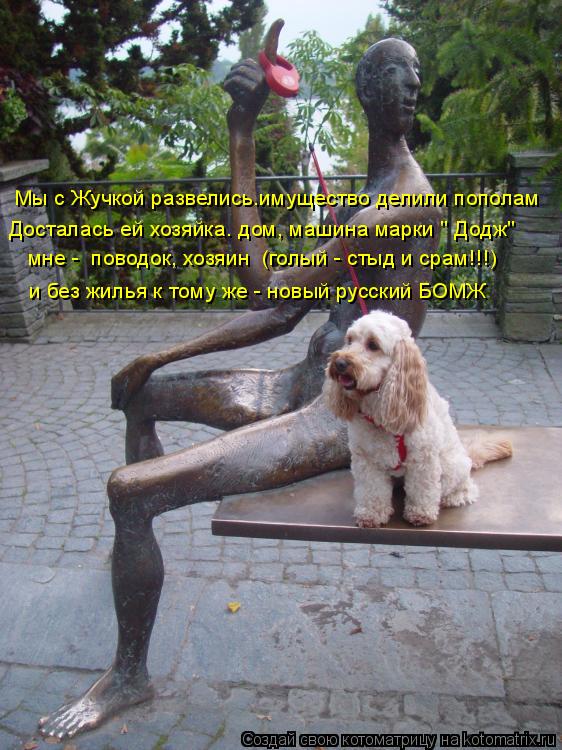 Досталась ей хозяйка. дом, машина марки " Додж" Мы с Жучкой развелись.имущество делили пополам мне ... Котоматрица: Досталась ей хозяйка. дом, машина марки " Додж" Мы с Жучкой развелись.имущество делили пополам мне - поводок, хозяин (голый - стыд и срам!!!)