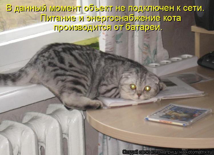Котоматрица: Питание и энергоснабжение кота  производится от батареи. В данный момент объект не подключен к сети.