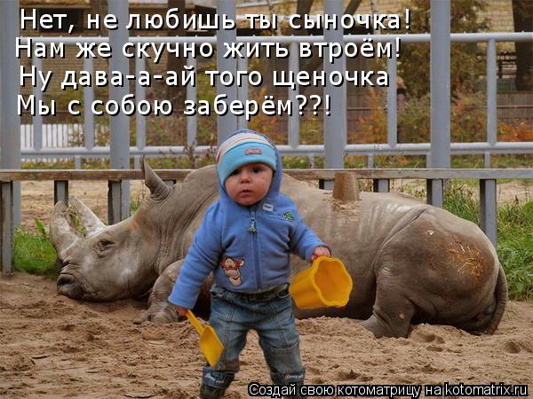 Котоматрица: Нет, не любишь ты сыночка! Ну дава-а-ай того щеночка Мы с собою заберём??! Нам же скучно жить втроём!