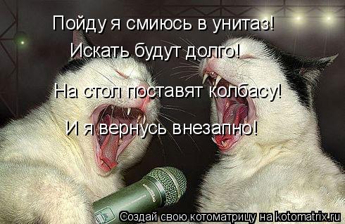 Котоматрица: Искать будут долго! На стол поставят колбасу! И я вернусь внезапно! Пойду я смиюсь в унитаз!