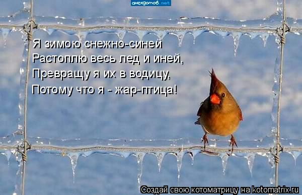 Я зимою снежно-синей Растоплю весь лед и иней, Превращу я их в водицу, Потому что я - жар-птица!... Котоматрица: Я зимою снежно-синей Растоплю весь лед и иней, Превращу я их в водицу, Потому что я - жар-птица!