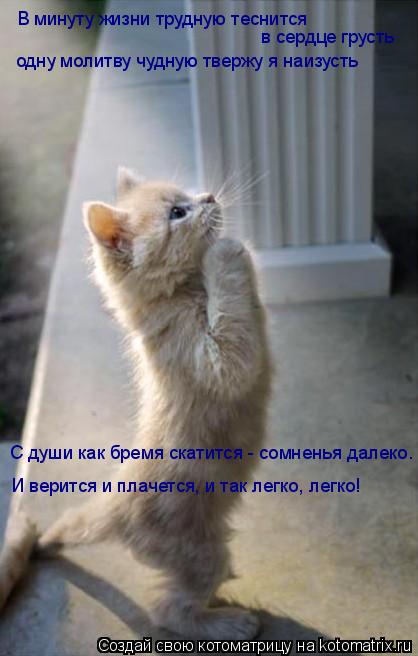 В минуту жизни трудную теснится в сердце грусть одну молитву чудную твержу я наизусть С души как бре... Котоматрица: В минуту жизни трудную теснится в сердце грусть одну молитву чудную твержу я наизусть С души как бремя скатится - сомненья далеко. И веритс
