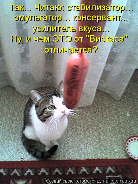 Так... Читаю: стабилизатор... эмульгатор... консервант... усилитель вкуса... Ну, и чем ЭТО от "Вискас... Котоматрица: Так... Читаю: стабилизатор... эмульгатор... консервант... усилитель вкуса... Ну, и чем ЭТО от "Вискаса" отличается?