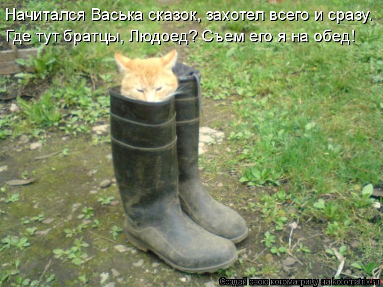 Котоматрица: Начитался Васька сказок, захотел всего и сразу.  Где тут братцы, Людоед? Съем его я на обед!