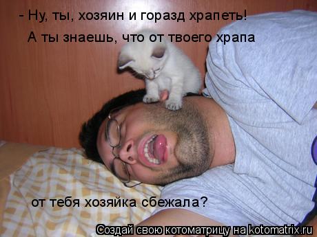 Котоматрица: - Ну, ты, хозяин и горазд храпеть! А ты знаешь, что от твоего храпа  от тебя хозяйка сбежала?