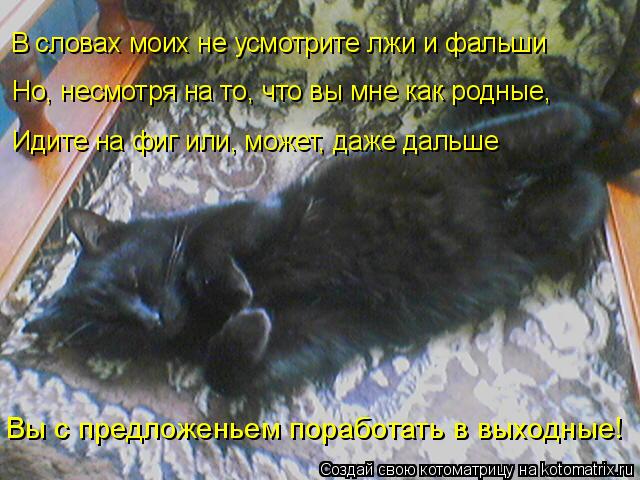 В словах моих не усмотрите лжи и фальши Но, несмотря на то, что вы мне как родные, Идите на фиг или, ... Котоматрица: В словах моих не усмотрите лжи и фальши Но, несмотря на то, что вы мне как родные, Идите на фиг или, может, даже дальше Вы с предложеньем пораб