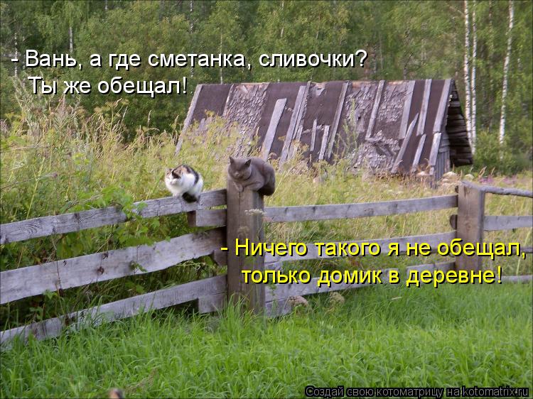 - Вань, а где сметанка, сливочки? Ты же обещал! - Ничего такого я не обещал, только домик в деревне!... Котоматрица: - Вань, а где сметанка, сливочки? Ты же обещал! - Ничего такого я не обещал, только домик в деревне!
