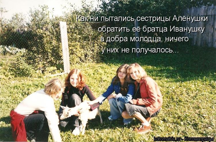 Котоматрица: Как ни пытались сестрицы Алёнушки  обратить её братца Иванушку  в добра молодца, ничего  у них не получалось...