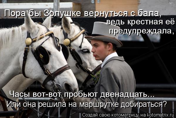 Пора бы Золушке вернуться с бала, ведь крестная её Часы вот-вот пробьют двенадцать... Или она решила... Котоматрица: Пора бы Золушке вернуться с бала, ведь крестная её Часы вот-вот пробьют двенадцать... Или она решила на маршрутке добираться? предупреждала,