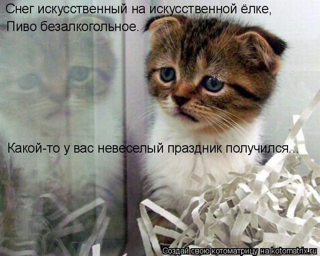Котоматрица: Снег искусственный на искусственной ёлке, Пиво безалкогольное. Какой-то у вас невеселый праздник получился...