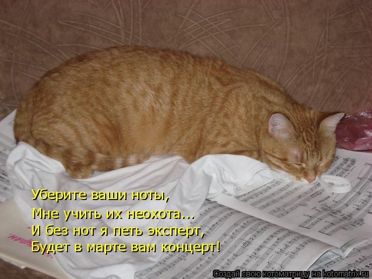 Уберите ваши ноты, Мне учить их неохота... И без нот я петь эксперт, И без нот я петь эксперт, Буд... Котоматрица: Уберите ваши ноты, Мне учить их неохота... И без нот я петь эксперт, И без нот я петь эксперт, Будет в марте вам концерт!