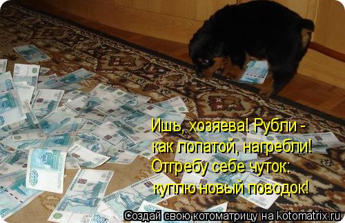 Ишь, хозяева! Рубли - как лопатой, нагребли! Отгребу себе чуток: куплю новый поводок!... Котоматрица: Ишь, хозяева! Рубли - как лопатой, нагребли! Отгребу себе чуток: куплю новый поводок!