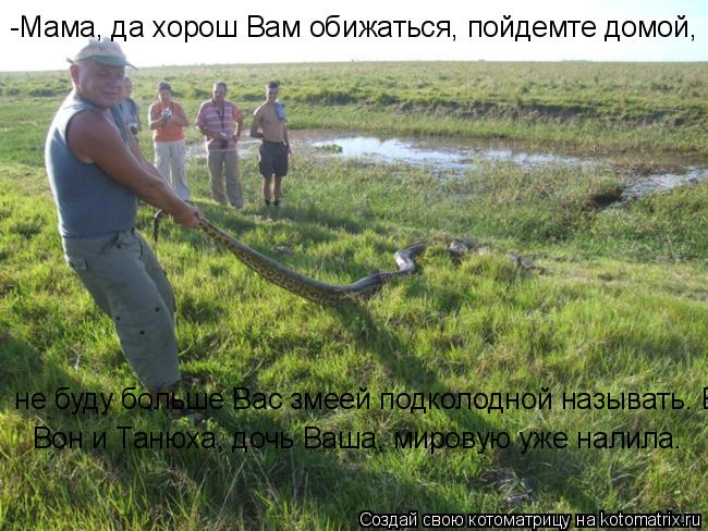 Котоматрица: -Мама, да хорош Вам обижаться, пойдемте домой, не буду больше Вас змеей подколодной называть. Вон и Танюха, дочь Ваша, мировую уже налила.  не 