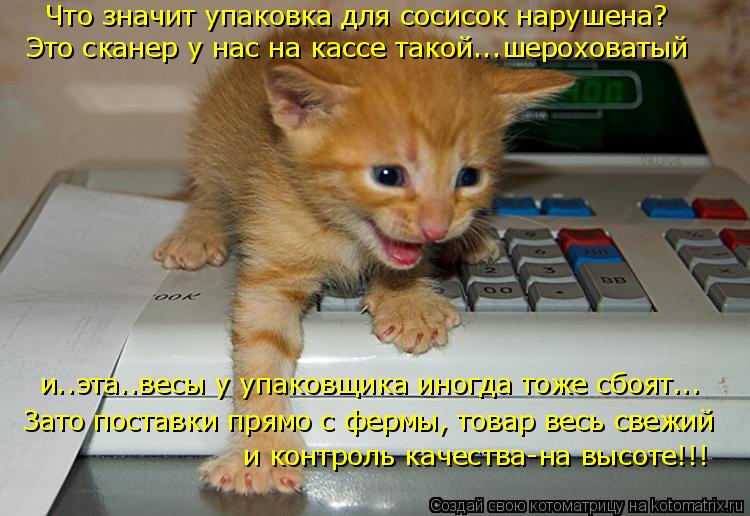 Котоматрица: Что значит упаковка для сосисок нарушена? Это сканер у нас на кассе такой...шероховатый и..эта..весы у упаковщика иногда тоже сбоят... Зато пос