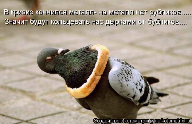 В кризис кончился металл- на металл нет рубликов...... Значит будут кольцевать нас дырками от бублико... Котоматрица: В кризис кончился металл- на металл нет рубликов...... Значит будут кольцевать нас дырками от бубликов....
