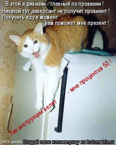 Котоматрица: Никакой тут диверсант не получит провиант ! В этой я дивизии - главный по провизии ! Получить еду в момент  вам поможет мне презент ! Так инстр