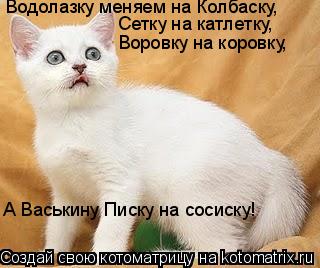 Котоматрица: Водолазку меняем на Колбаску, Сетку на катлетку, Воровку на коровку, А Васькину Писку на сосиску!