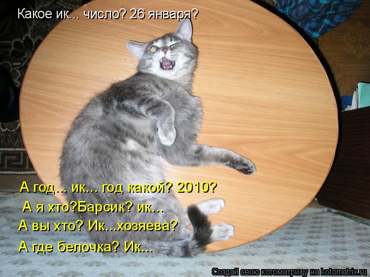 Какое ик... число? 26 января? А год... ик... год какой? 2010? А я хто?Барсик? ик... А вы хто? Ик...... Котоматрица: Какое ик... число? 26 января? А год... ик... год какой? 2010? А я хто?Барсик? ик... А вы хто? Ик...хозяева? А где белочка? Ик...